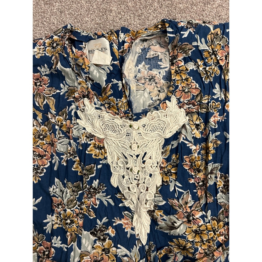 VTG Bentley Floral Midi Dress Womens 14 Blue Excellent Crochet Lace Bib Boho - Picture 6 of 12